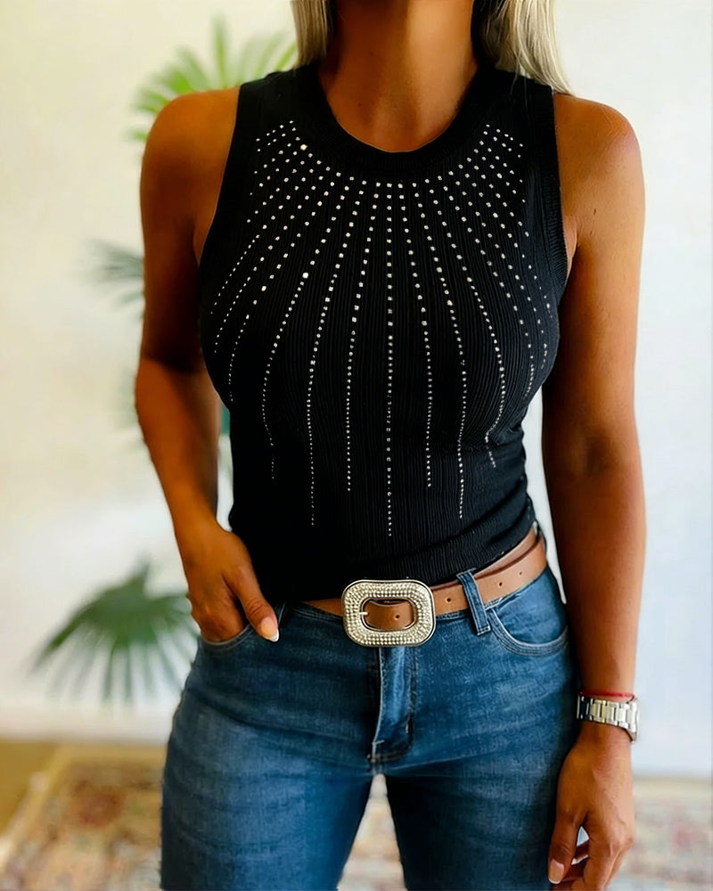 Rhinestone Decor O-neck Sleeveless Tank Slim Fit Ribbed Tank Top