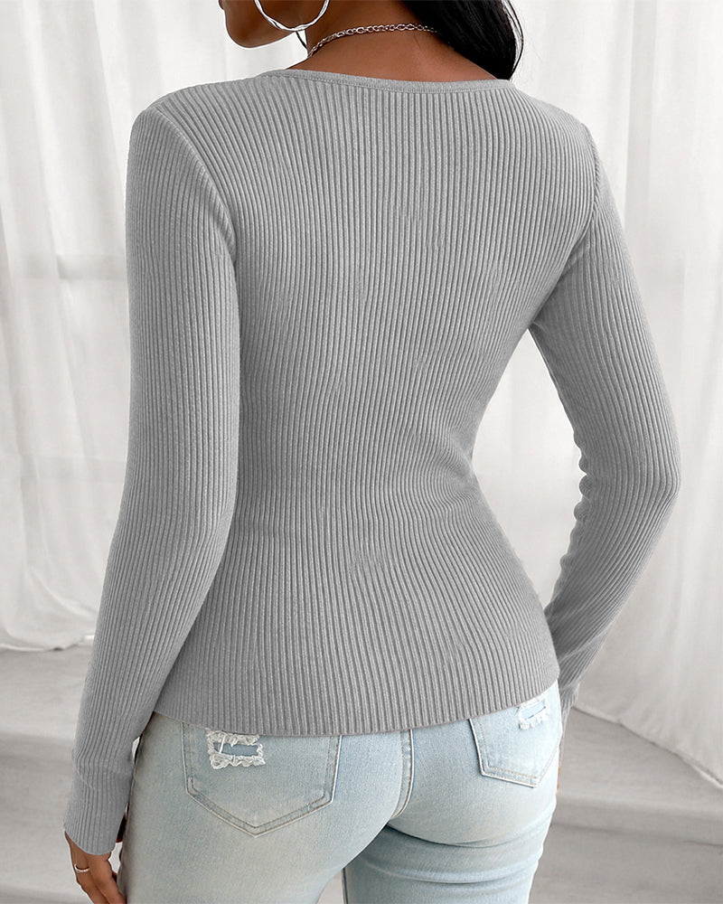 Women's Overlap V Neck Long Sleeve Ribbed Knit Top Rhinestone Side Button Ruched Slim Fit Asymmetric Hem Sweater