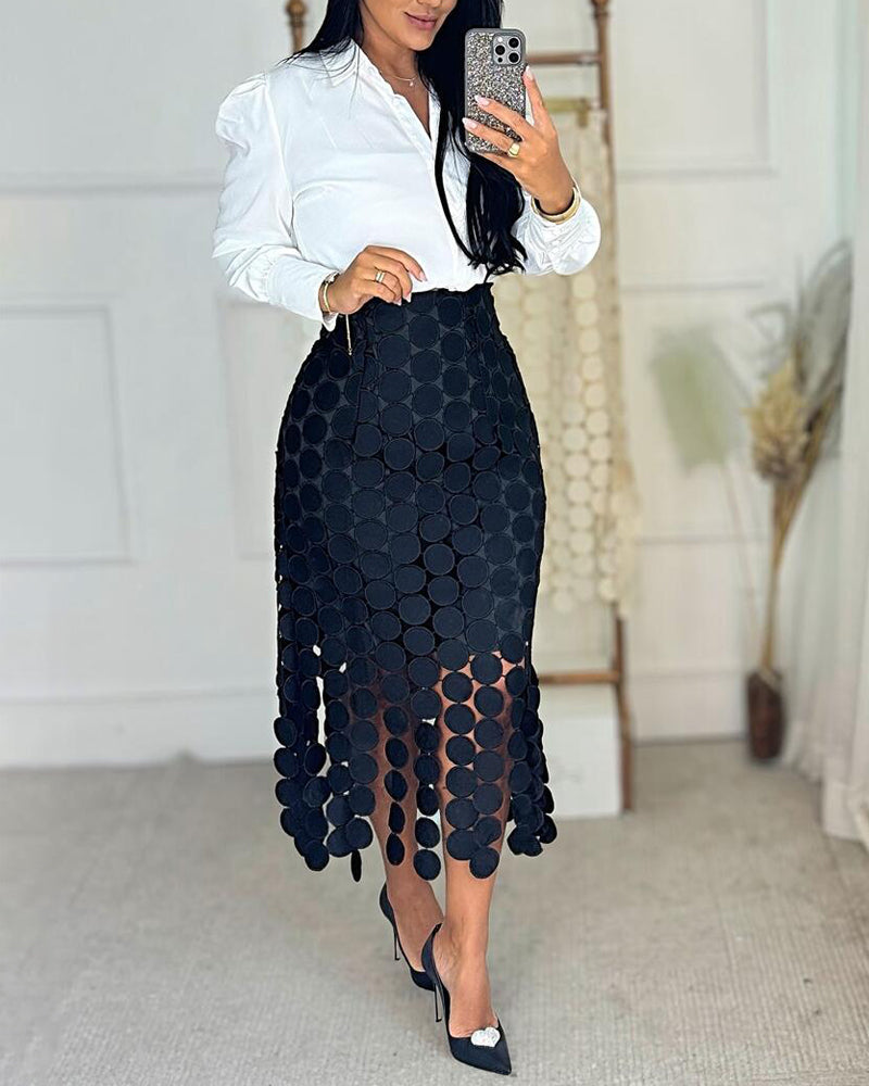 Women’s Lace Tassel Trim Bodycon Skirt Hollow-Out Detail High Waist Pencil Skirt with Side Zipper