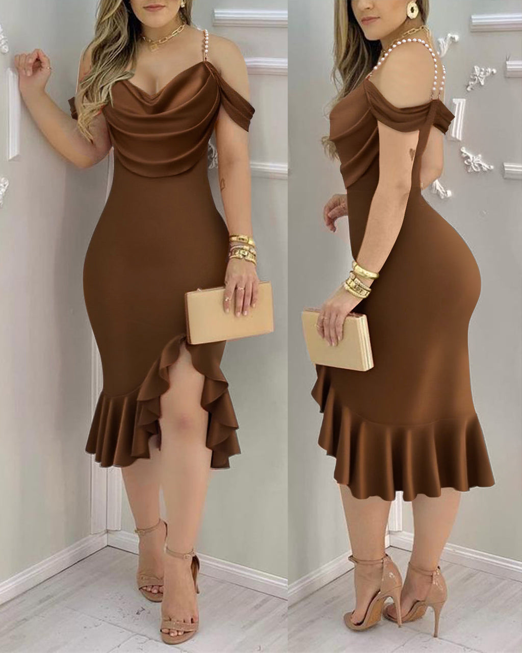 Women's Cold Shoulder Adjustable Pearls Straps Bodycon Dress Cowl Neck Asymmetrical Ruffle Hem Party Dress