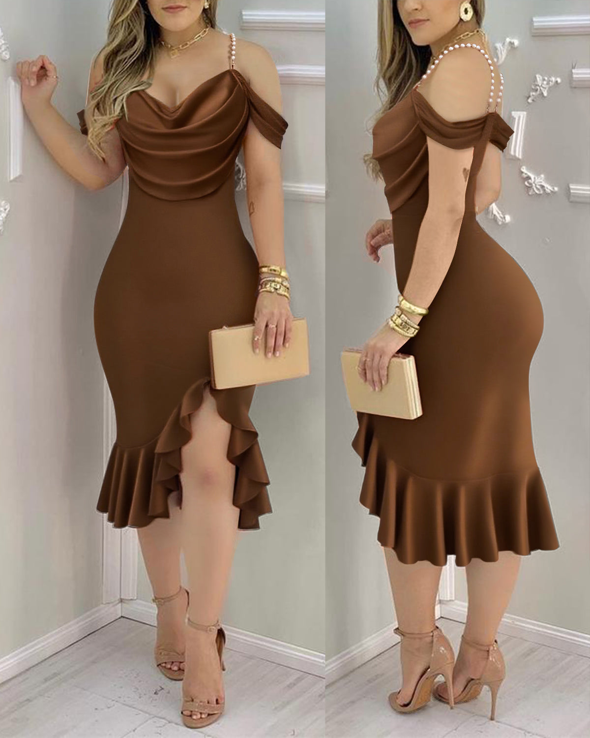 Women's Cold Shoulder Adjustable Pearls Straps Bodycon Dress Cowl Neck Asymmetrical Ruffle Hem Party Dress