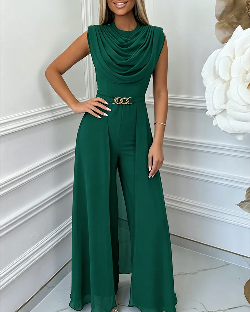 Women's Cowl Neck Wide Leg Jumpsuit High Waist Sleeveless Chiffon Overlay Spliced Evening Overalls with Belt