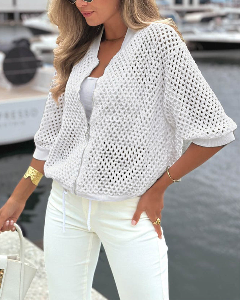 Women's Hollow Out Half Sleeve Knit Coat Baseball Collar Zipper Up Drawstring Hem Crop Jacket