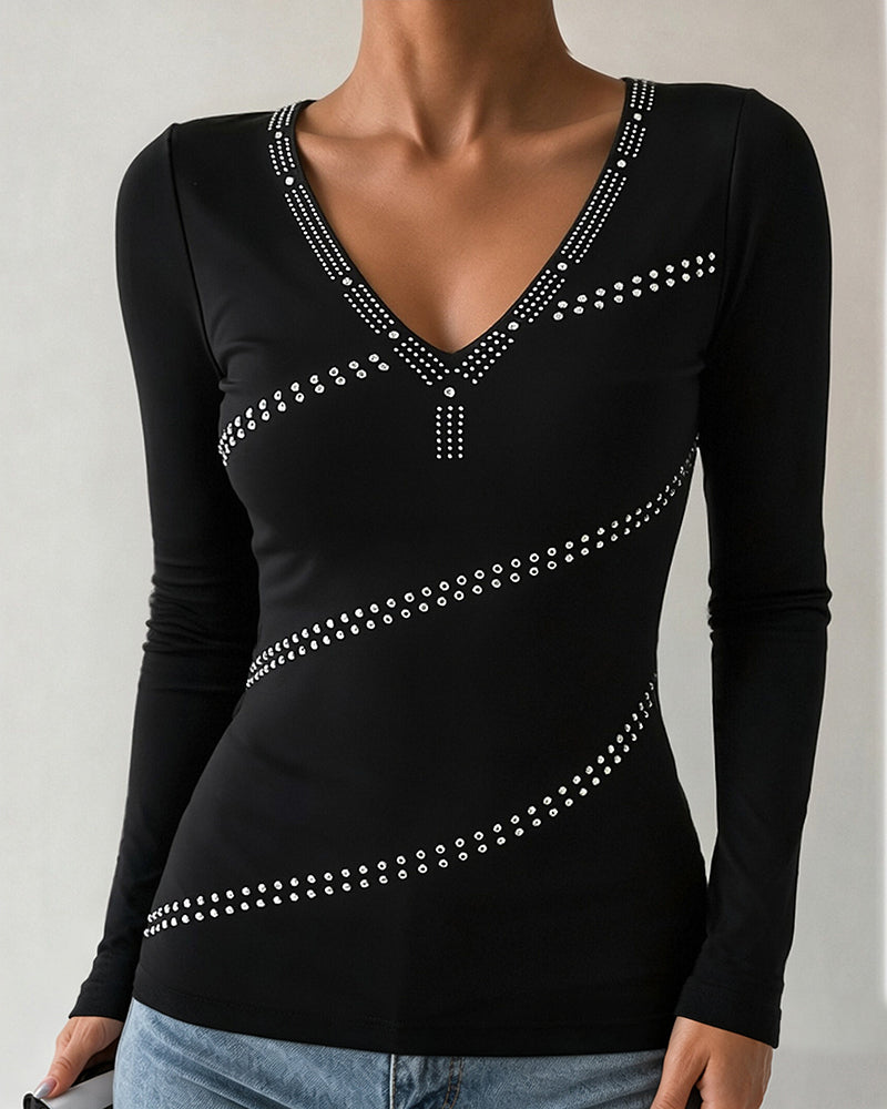 Women's Deep V Neck Rhinestone Top Slim Fit Long Sleeve Ribbed Knit Tee Sparkly Blouse