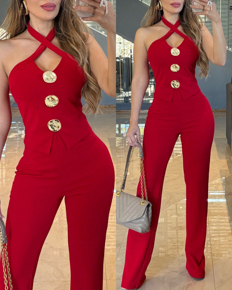 Women's Criss Cross Halter Front Gold Button Flare Jumpsuit Elegant Evening Overalls
