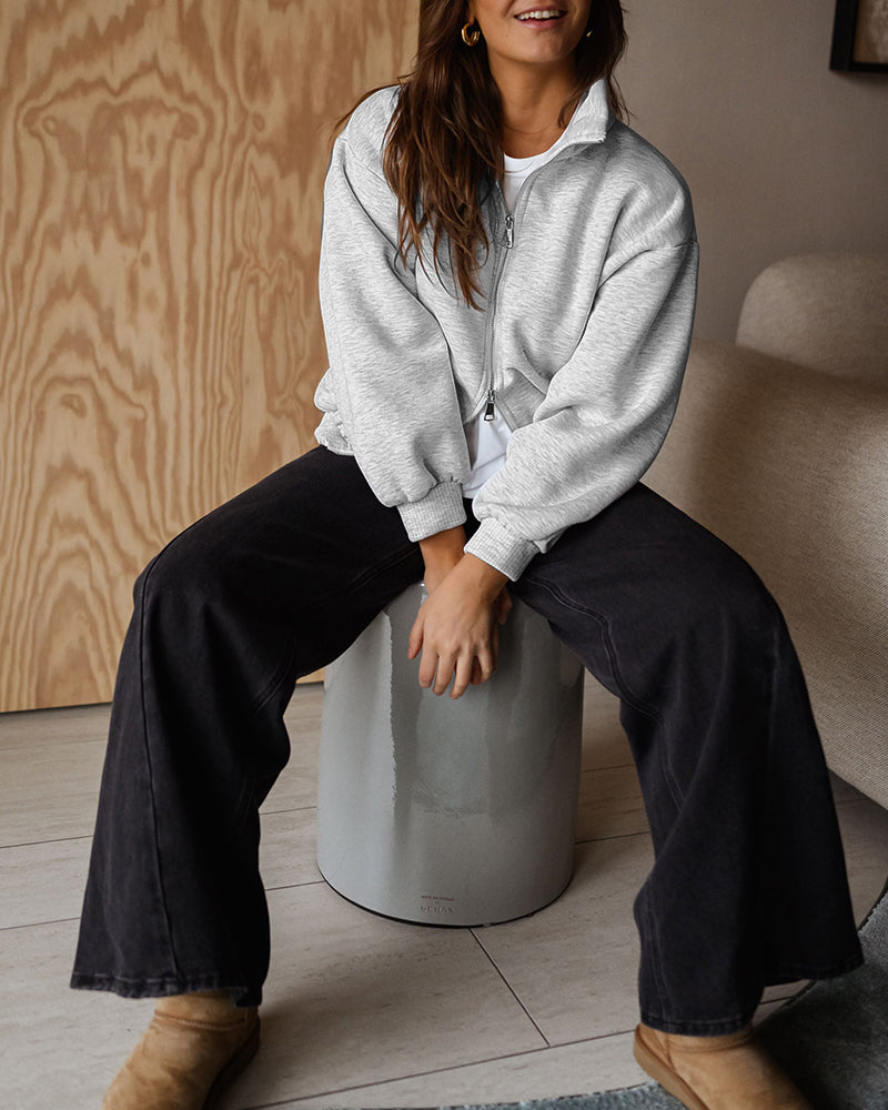 Women's Two-Way Zipper Front Stretchy Hem Coat Stand Collar Drop Shoulder Sweatshirt with Pockets