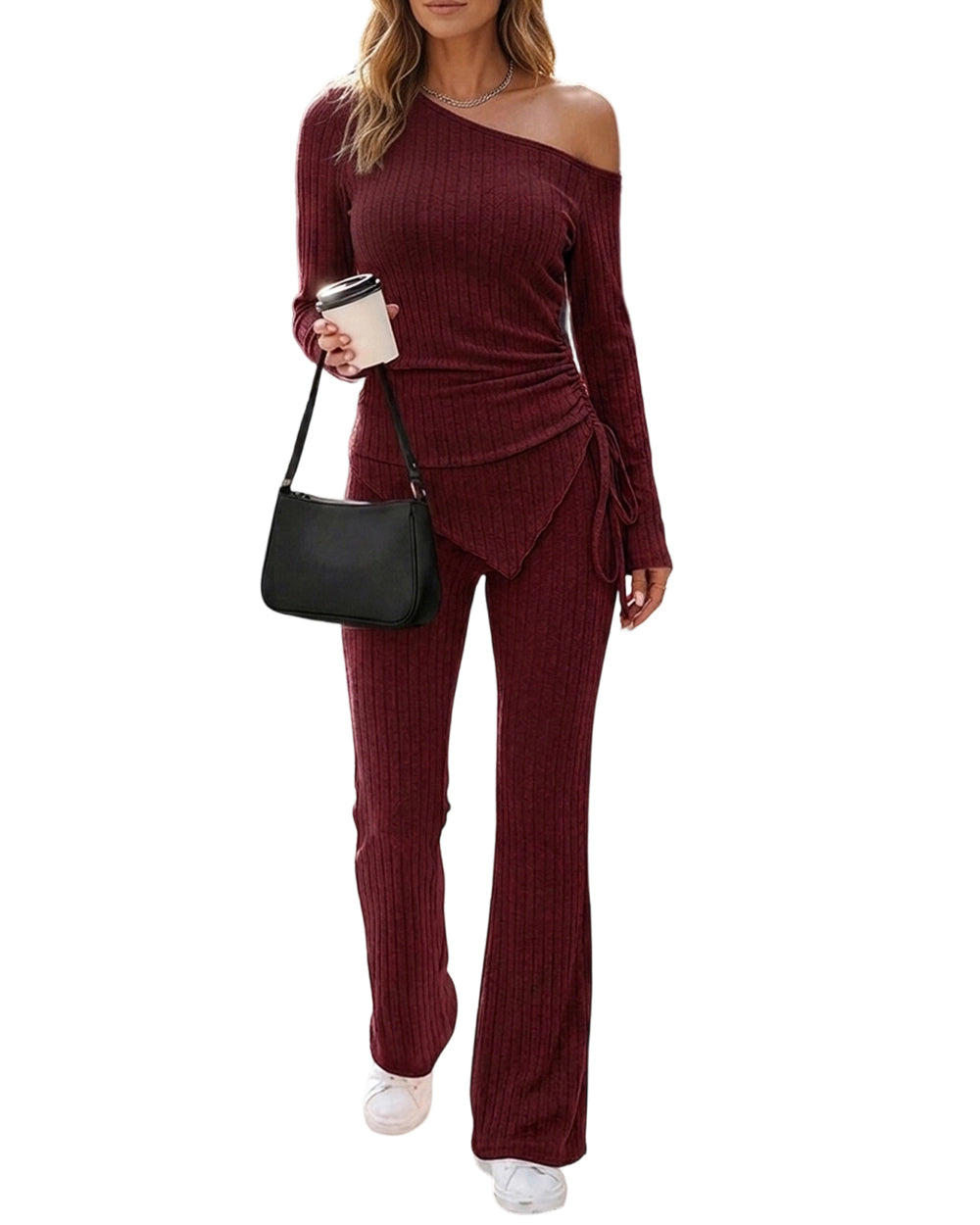 CHICME ESSENCE Women 2 Piece One Shoulder Ribbed Lounge Set Outfits