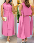 Turn-down Collar Sleeveless Button Front Shirt Dress Casual Open Back Tied Detail Commuting Dress