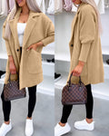 Notched Collar Long Sleeve Single Breasted Coat Casual Mid-legth Fuzzy Coat with Pockets