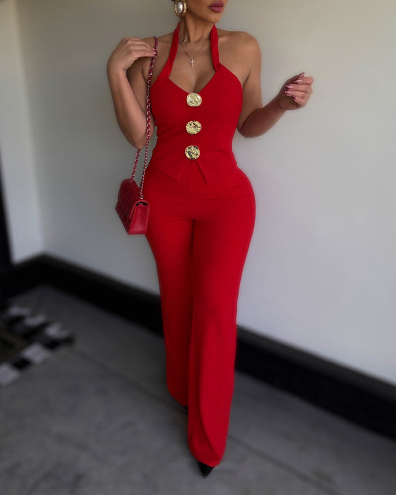 Women's Criss Cross Halter Front Gold Button Flare Jumpsuit Elegant Evening Overalls