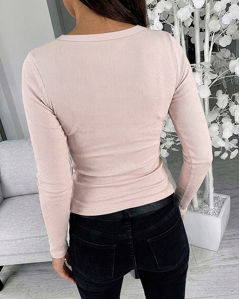 Women's Rhinestone Embellished Ribbed Long Sleeve Layering Top Slim Fit U-Neck Knit Tee Elegant Stretchy Pullover