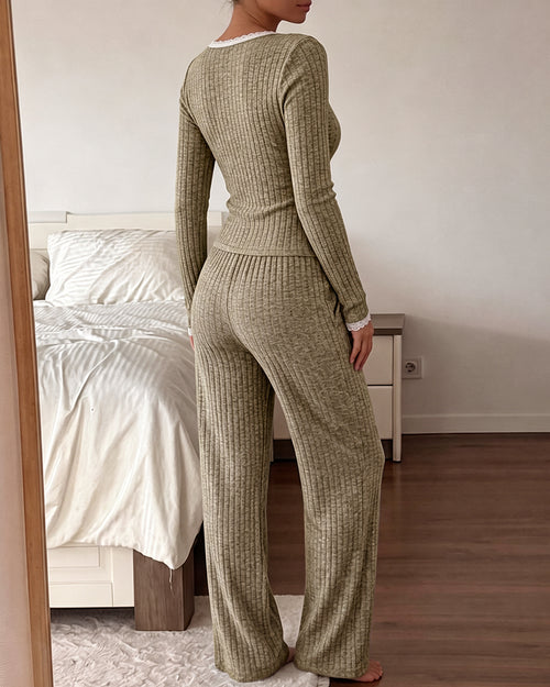 CHICME ESSENCE Women's Ribbed Pajama Set 2 Piece Lace Trim Long Sleeve Lounge Set High Waisted Pants with Pockets