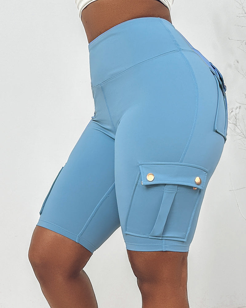 Tummy Control Butt Lifting Active Shorts High Waist Flap Pocket Workout Bermuda Cargo Running Shorts