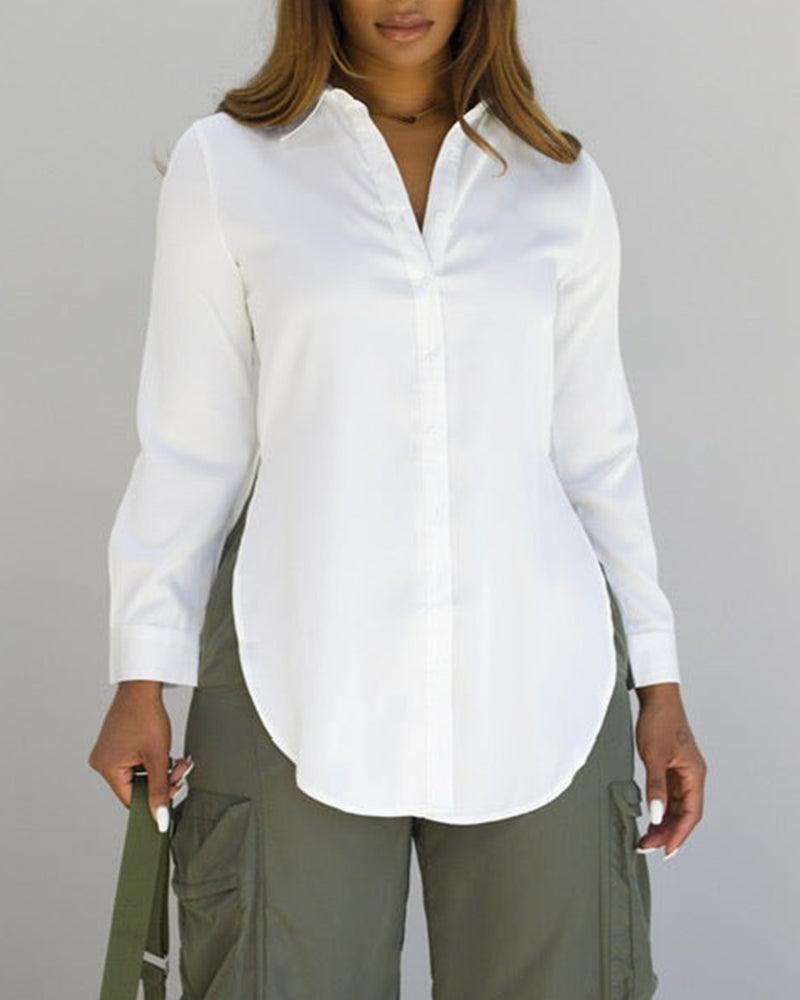 Turn-down Collar Roll Up Sleeve Button Front Shirt Casual Side Slit Curved Hem Top