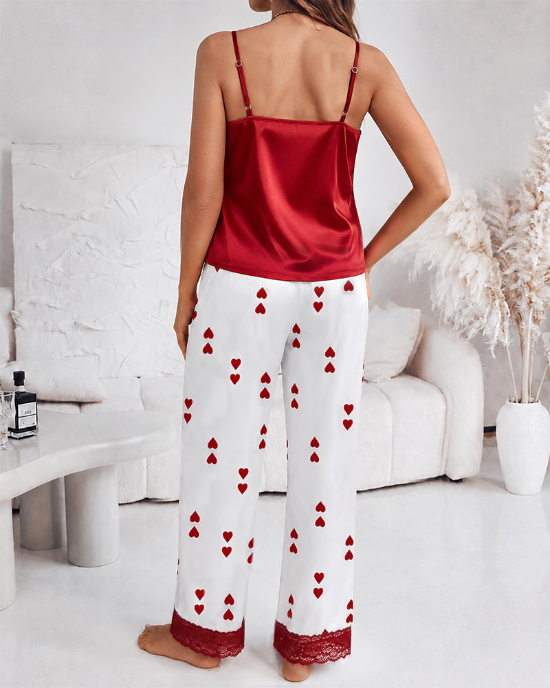 Women's Lace Trim Satin Pajama Set V Neck Cami Top and Heart Print Straight Leg Pants Casual Sleepwear Loungewear