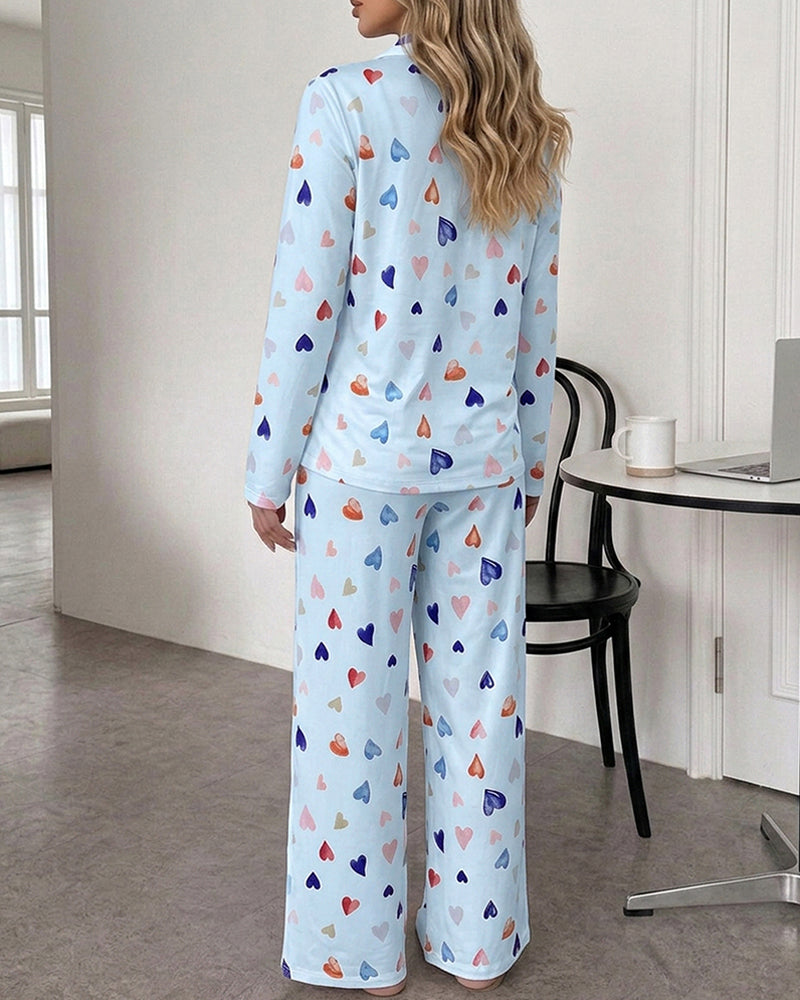 CHICME ESSENCE Women's Colorful Heart Print 2 Piece Pajama Set Long Sleeve Button Down Top and High Waisted Pants Casual Lounge Sets