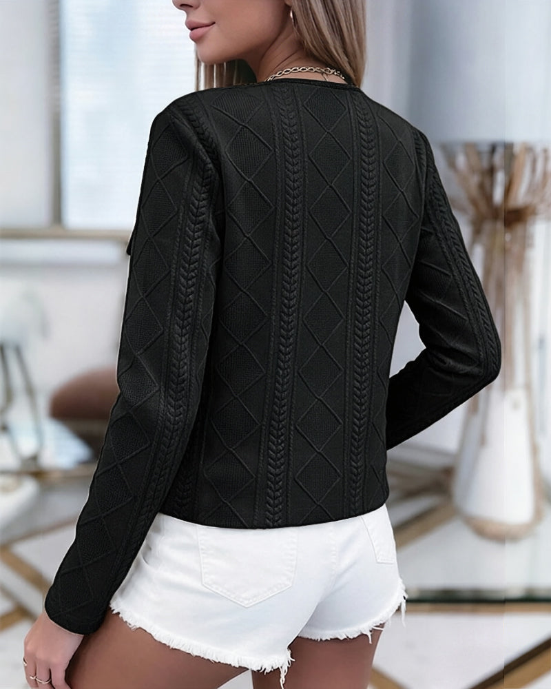 Women's French Style Cropped Jacket Round Neck Gold Button Coat Argyle Cable Jacquard Knit Outerwear
