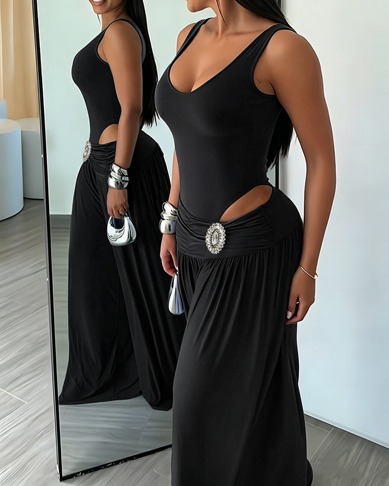 Women's 2 Piece Outfits Sleeveless Slim Fit Bodysuit and Rhinestone High Waist Ruched Wide Leg Pants Set
