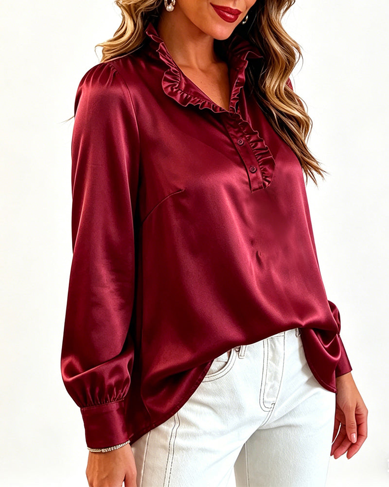 Women's Satin Frill Hem Blouse Long Sleeve Half Button Shirt Elegant Stand Collar Office Work Top