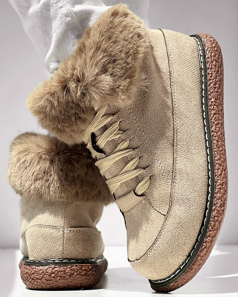 Fuzzy Detail Lined Lace-up Snow Boots