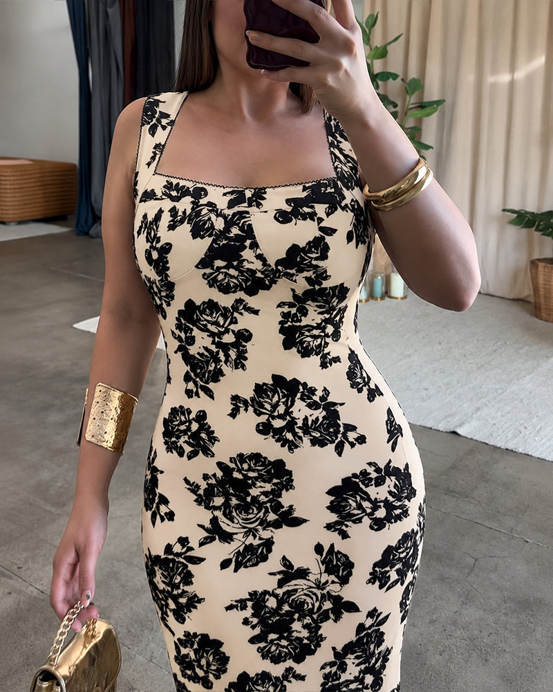 Women's Vintage Flocking Rose Midi Dress Square Neck Sleeveless Bodycon Dress Elegant Club Party Gown