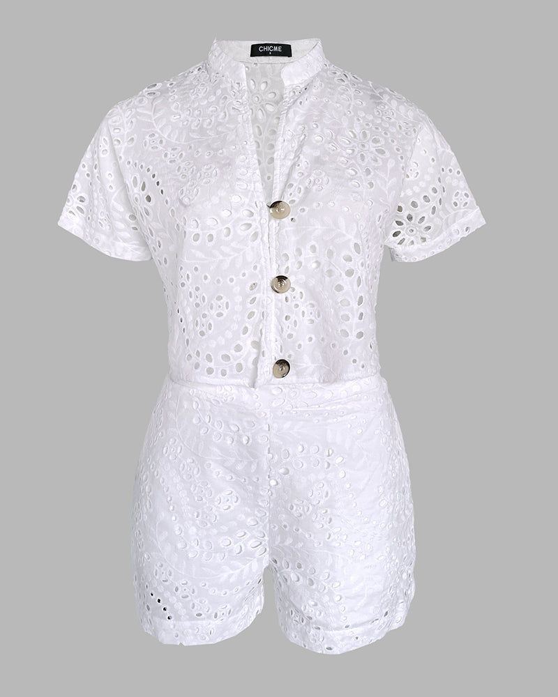 Women's Eyelet Embroidery Two Piece Outfits Stand Collar Button Up Crop Top and High Waist Shorts Set