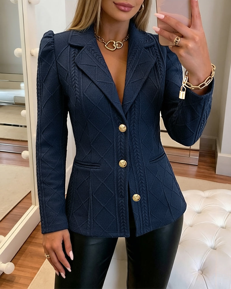Women's Elegant Argyle Textured Blazer Slim Fit Puff Sleeve Suit Jacket Gold Button Work Office Commuter Blazer with Pockets