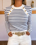 Women's Striped Crew Neck Knit Top Causal Gold Button Detail Long Sleeve Top