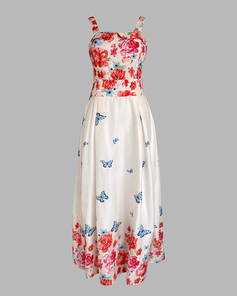 Women's Floral Butterfly Placement Print Cami Dress Shirred Back Sleeveless Vacation Sundress Casual Beach Maxi Dress