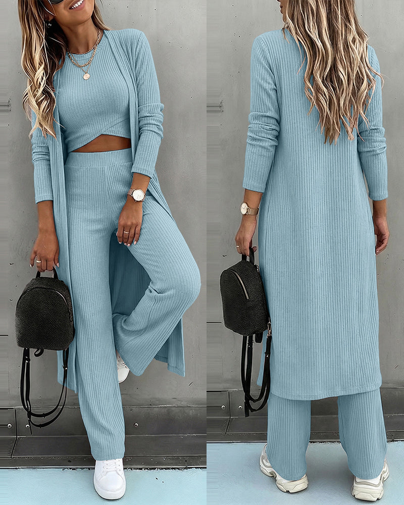 CHICME ESSENCE Women's 3 Piece Knit Set Long Cardigan Criss Cross Crop Tank Top and Wide Leg Pants Casual Ribbed Brushed Lounge Set