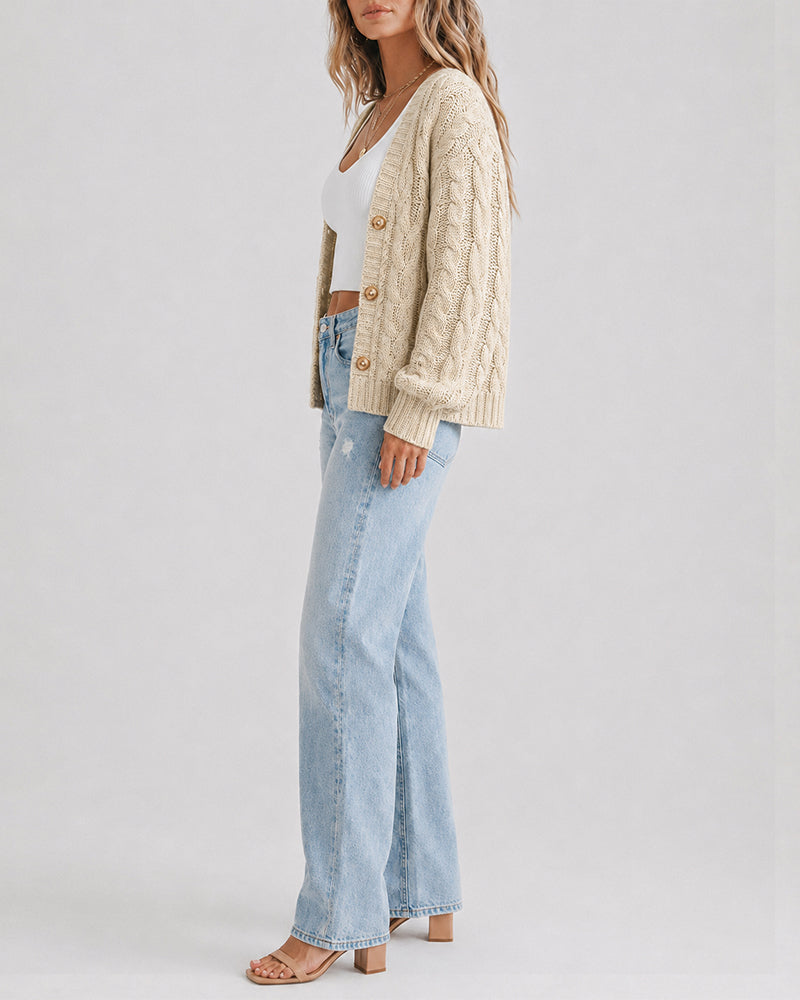 Women's Cable Knit Cardigan V Neck Button Down Chunky Knit Sweater Loose Lantern Sleeve Warm Outerwear