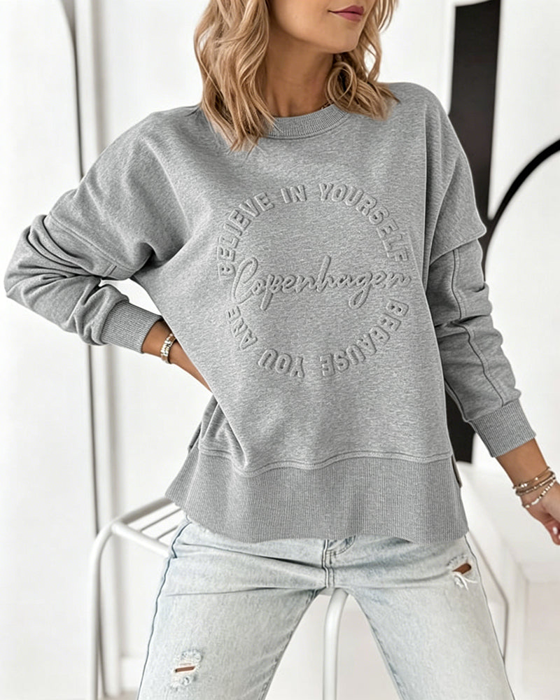 Women's Loose Crewneck Sweatshirt Embossed Letter Print Pullover Top Casual Side Slit Top