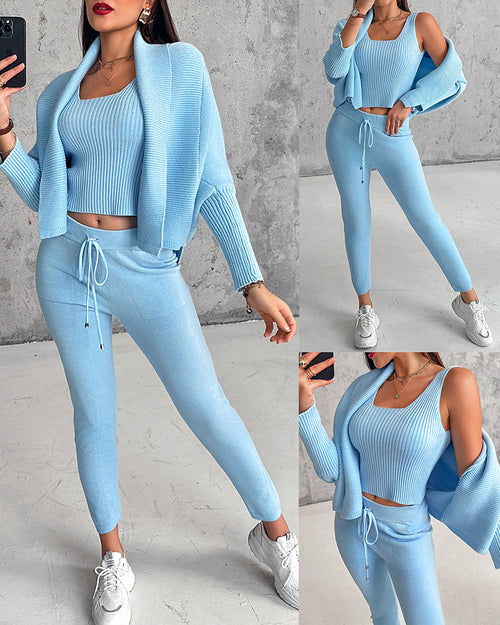 3PCS Batwing Sleeve Cardigan With Asymmetrical Neck Tank Top & Stretchy Waist Pants Set