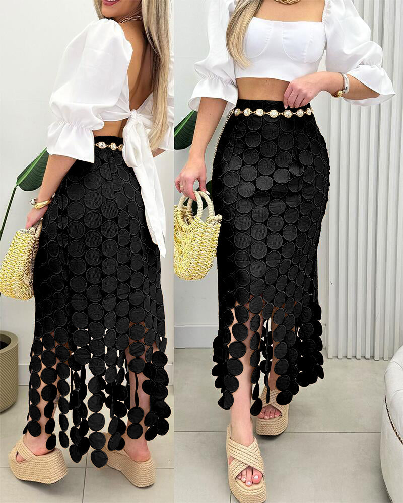 Women’s Lace Tassel Trim Bodycon Skirt Hollow-Out Detail High Waist Pencil Skirt with Side Zipper