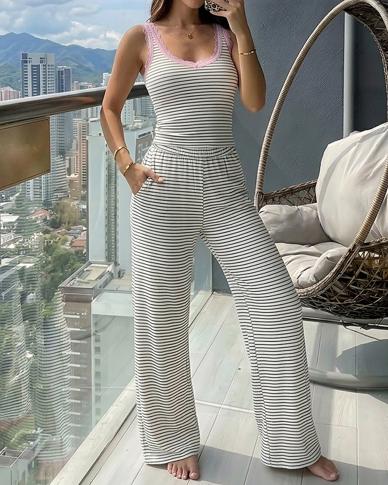 CHICME ESSENCE Women's 2 Piece Lace Trim Stripe Lounge Set Sleeveless Tank Top and Wide Leg Pants Set Rib Knit Pajamas Set with Pockets