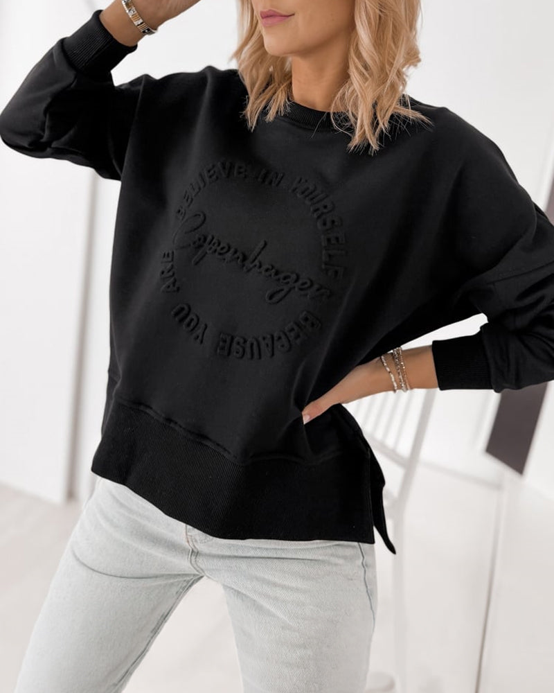 Women's Loose Crewneck Sweatshirt Embossed Letter Print Pullover Top Casual Side Slit Top