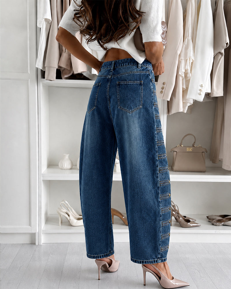 Women's Wide Leg Jeans High Waisted Side Button Denim Pants Distressed Washed Trousers Retro Y2K Streetwear