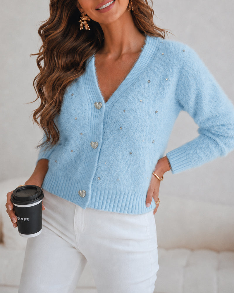 Women's Faux Mink Fur Knit Cardigan Elegant Pearl Rhinestone V Neck Sweater Crop Single Breasted Coat