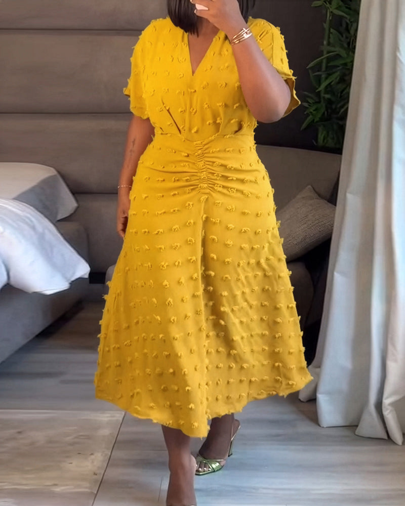 3D Decor Overlap V Neck Short Sleeve Cinched Waist Mid-length Dress Casual Ruched Waist Zipper Back Vacation Dress