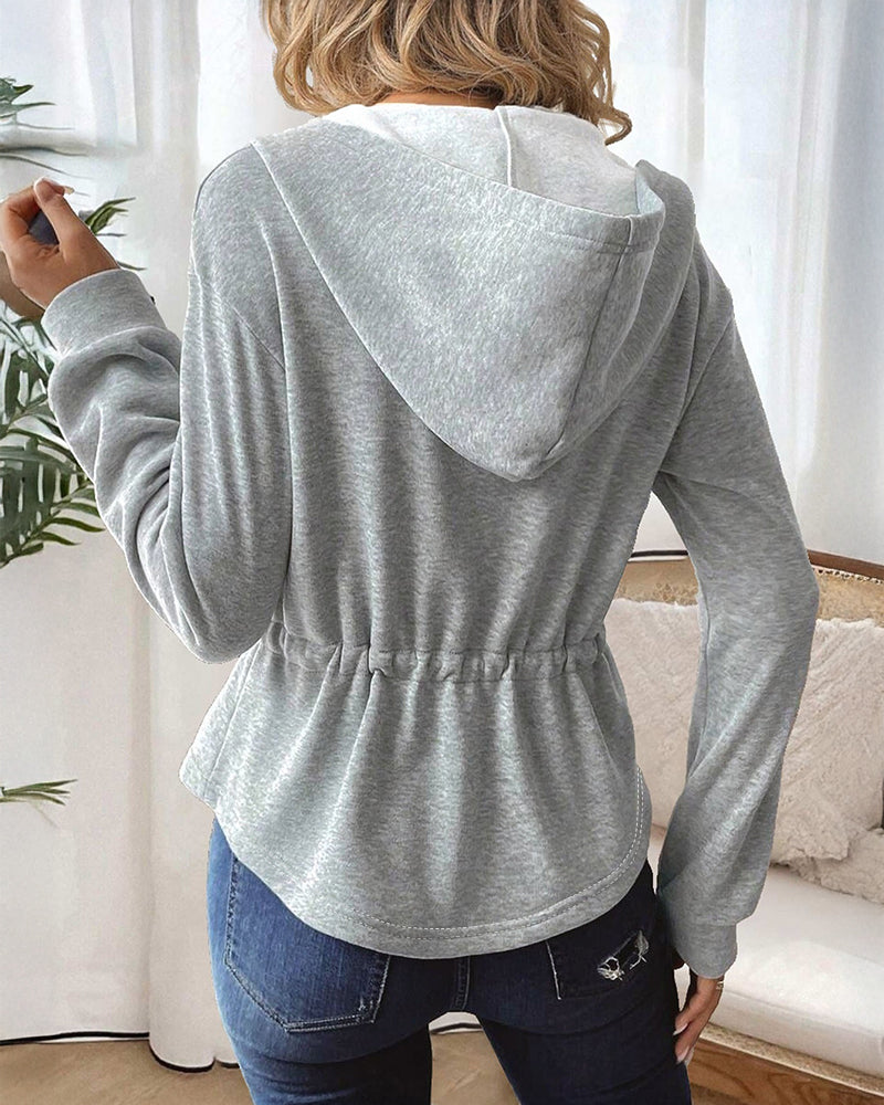 Women's Hooded Drawstring Waist Jacket Casual Zip Up Curved Hem Coat