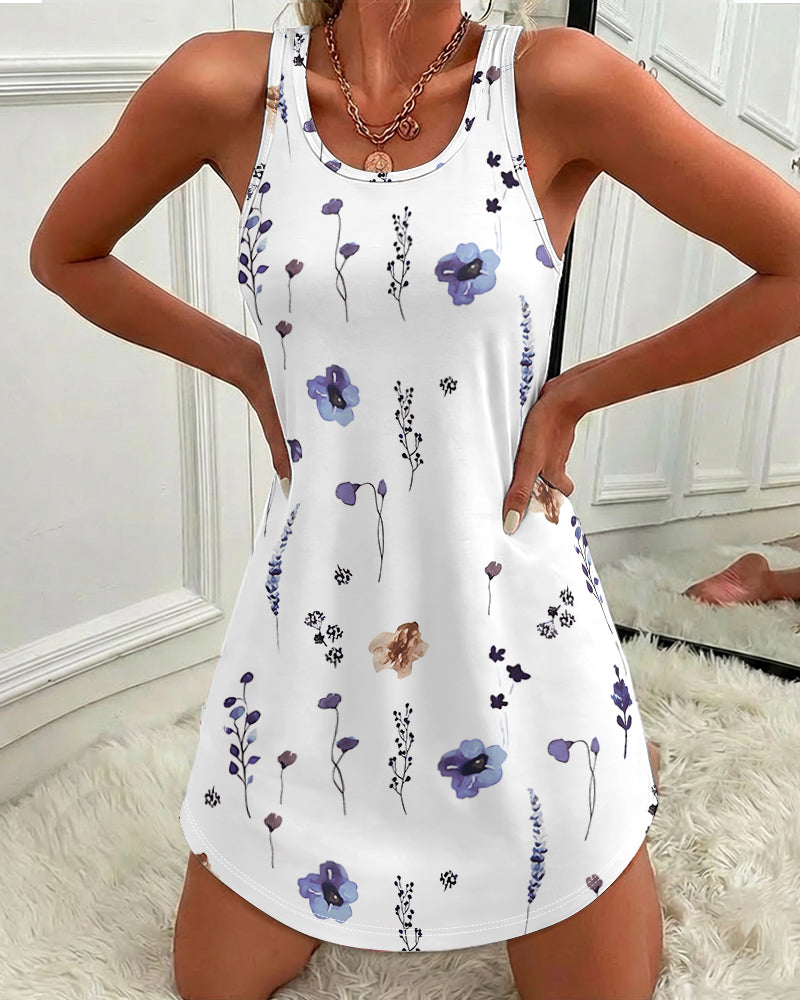 Allover Watercolor Floral Print U-Neck Sleeveless Curved Hem Dress Casual Racerback Loungewear Dress