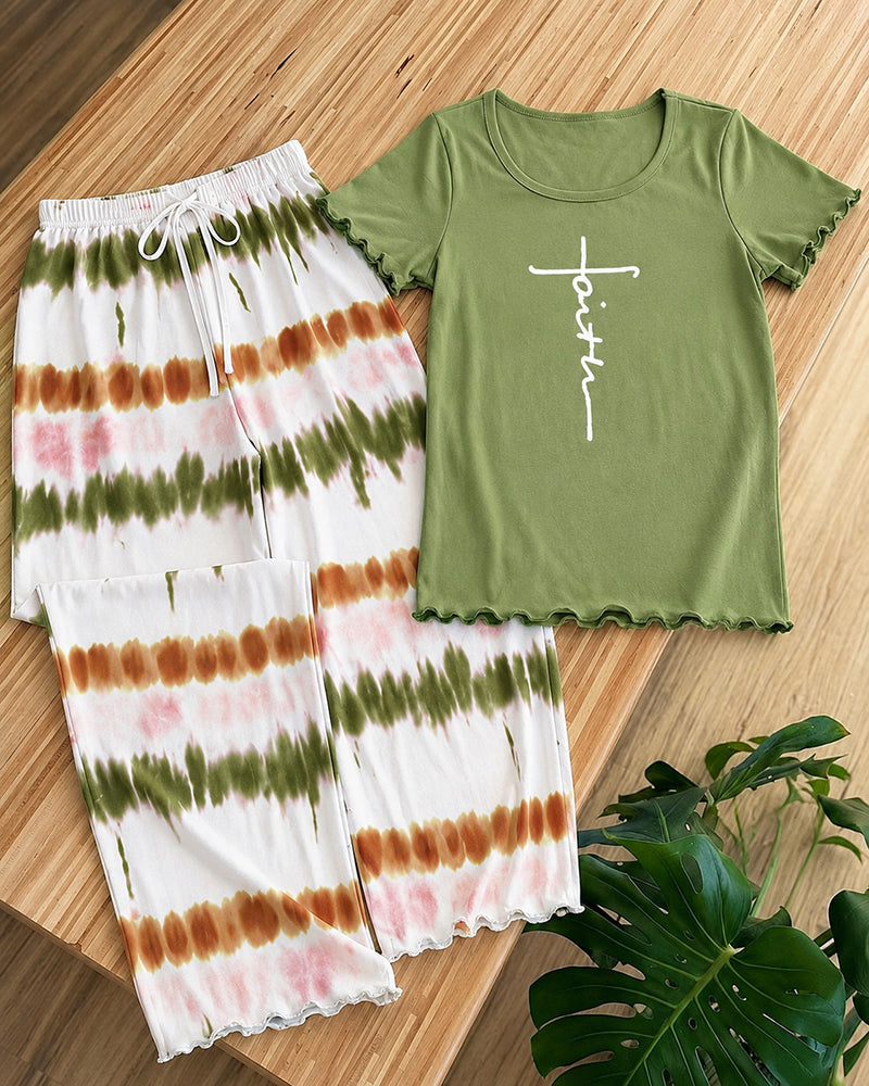 Women's Two Piece Pajama Set Faith Letter Print Short Sleeve Top and Tie Dye Straight Leg Pants Casual Lounge Set