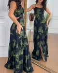 Women's Tropical Print Ruffle Hem Maxi Dress Sexy Cutout Adjustable Strap Slit Beach Vacation Dress
