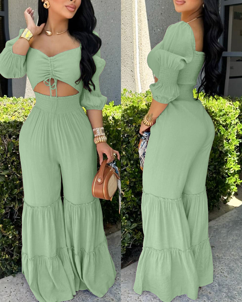Sweetheart Neck Puff Sleeve Drawstring Front Shirred Overalls Casual Cutout Front Ruffle Hem Wide Leg Jumpsuit