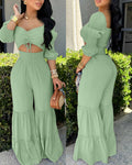 Sweetheart Neck Puff Sleeve Drawstring Front Shirred Overalls Casual Cutout Front Ruffle Hem Wide Leg Jumpsuit