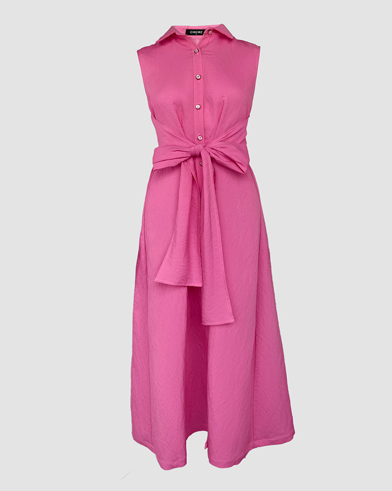 Turn-down Collar Sleeveless Button Front Shirt Dress Casual Open Back Tied Detail Commuting Dress