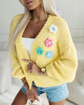 Women's 3D Floral Knit Cardigan Long Sleeve Crochet Sweater Casual Crop Coat