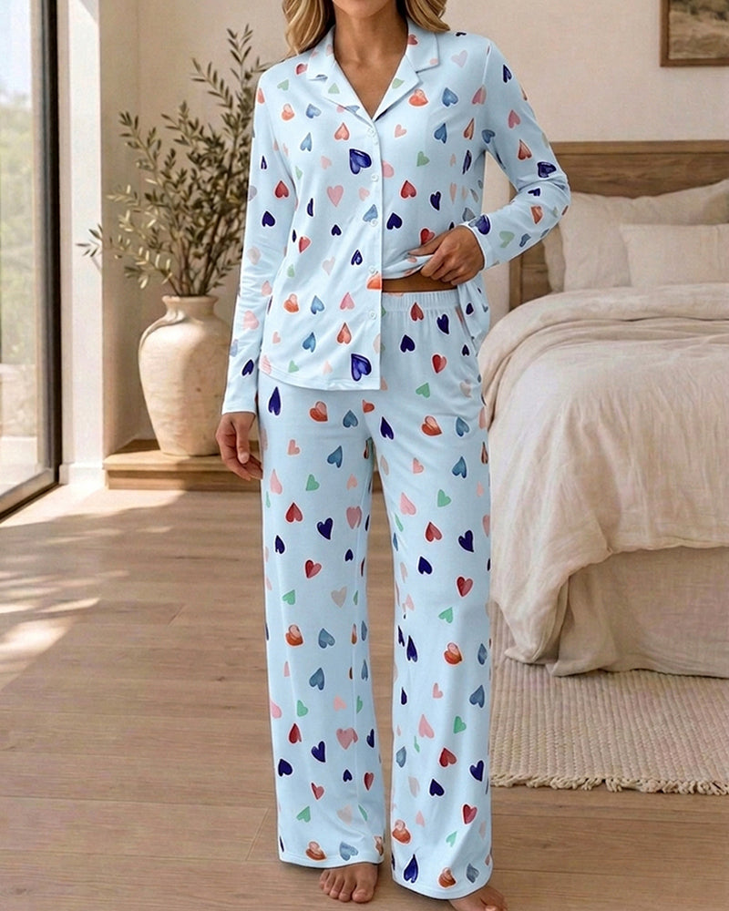CHICME ESSENCE Women's Colorful Heart Print 2 Piece Pajama Set Long Sleeve Button Down Top and High Waisted Pants Casual Lounge Sets