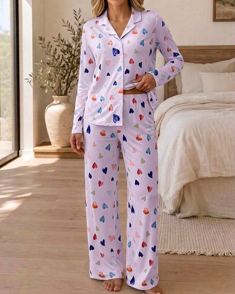 CHICME ESSENCE Women's Colorful Heart Print 2 Piece Pajama Set Long Sleeve Button Down Top and High Waisted Pants Casual Lounge Sets