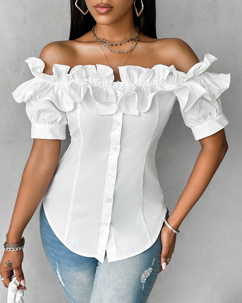 Ruffles Off Shoulder Short Sleeve Button Front Blouse Asymmetrical Hem Top